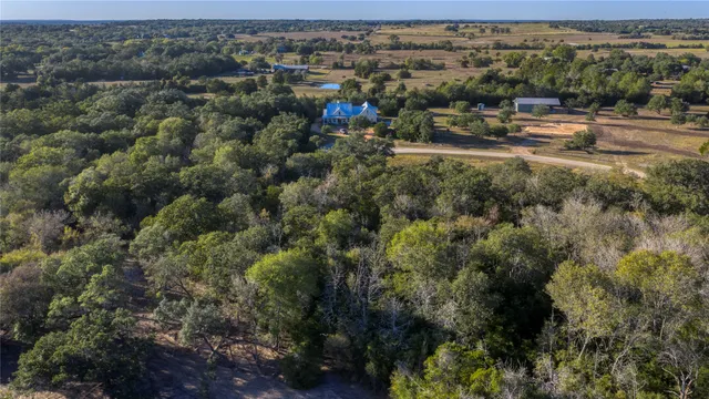 an aerial view of residential houses with outdoor space and trees