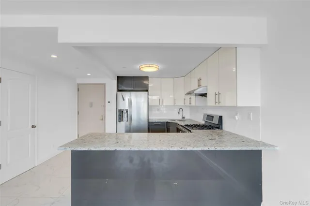a kitchen with stainless steel appliances granite countertop a sink refrigerator and cabinets