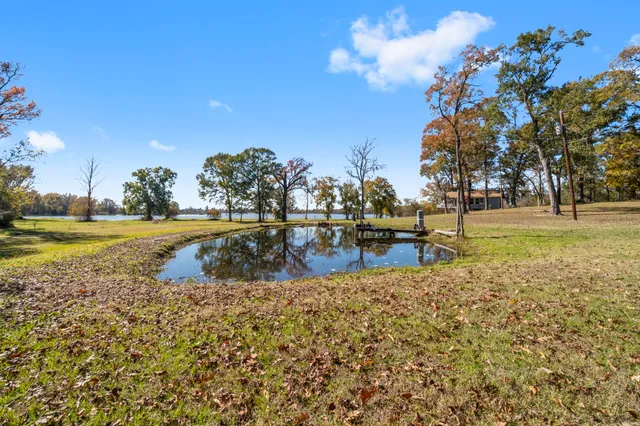 a view of a lake with a large bridge