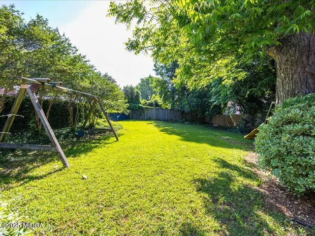 a view of a swimming pool with a chair and potted plants