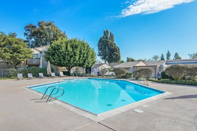 a view of swimming pool with outdoor seating and plants