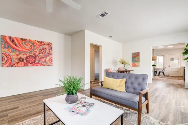 a living room with furniture potted plant and wooden floor