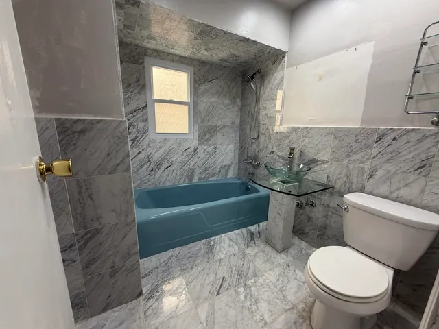 a bathroom with a toilet and a bathtub