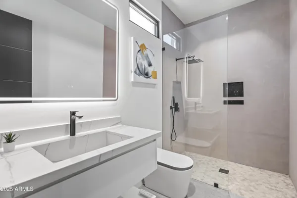 a bathroom with a sink a toilet and shower