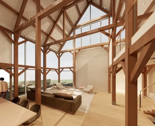 a building outdoor space with seating