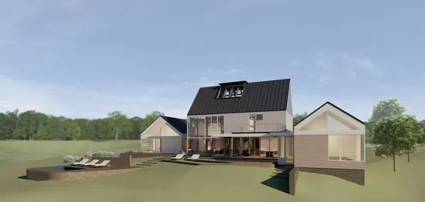 a view of a house with pool and a yard