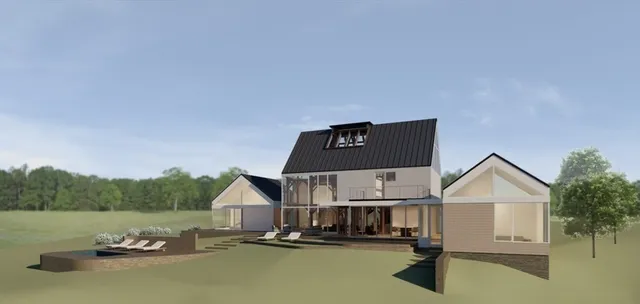 a view of a house with pool and a yard