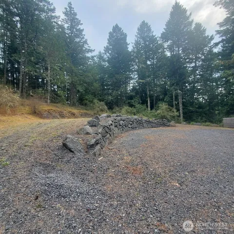 a view of a dirt road with trees in the background