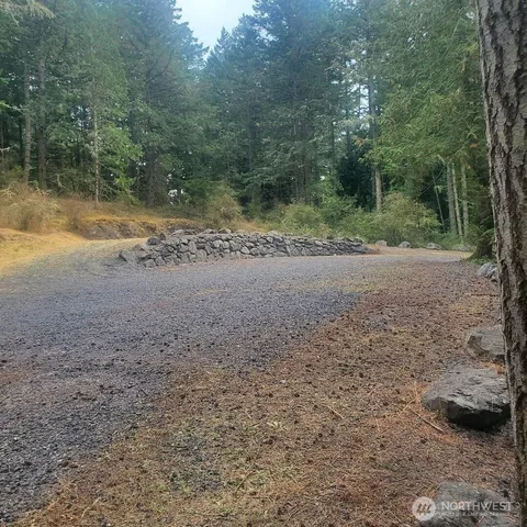 a view of a dirt road with trees in the background