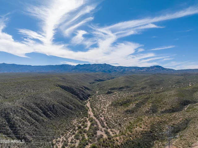 a view of a dry yard with mountains in the background
