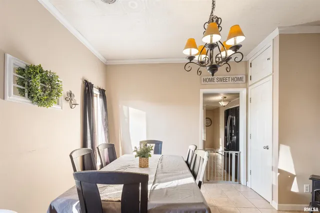 a view of a dining room with furniture and a potted plant