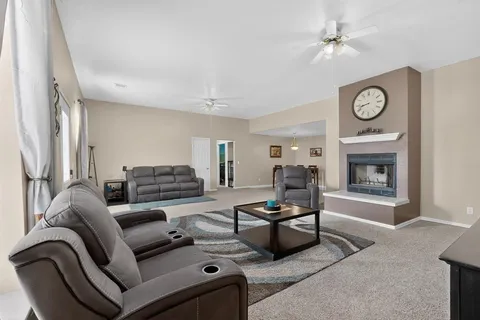 a view of a dining room with furniture