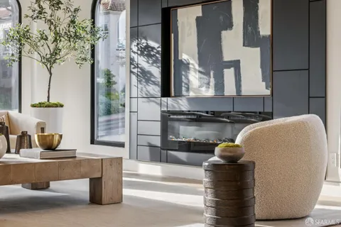 a view of a dining room with furniture