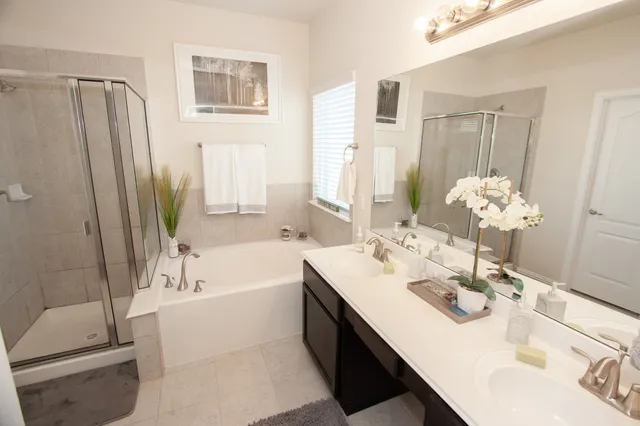 a bathroom with a tub sink and mirror