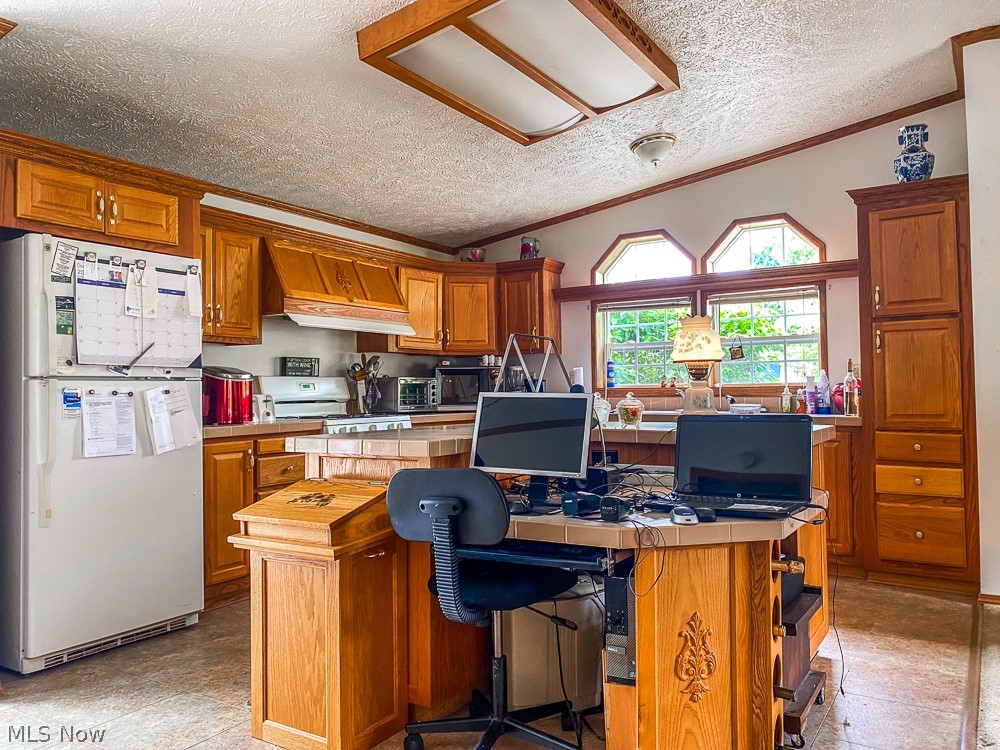 17499 Kinsman Road Middlefield, OH 44062 - Photo 15 of 49 Kitchen featuring white refrigerator, custom exhaust hood, stove, and a kitchen island