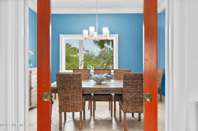 a view of a dining room with furniture window and outside view