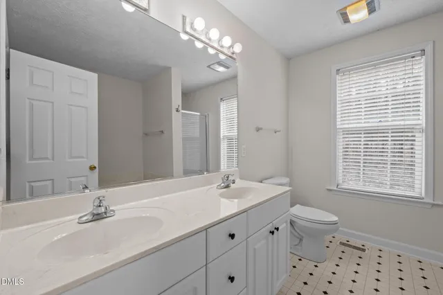 a bathroom with a double vanity sink toilet and a mirror