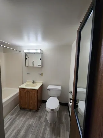 a bathroom with a toilet a sink and bathtub
