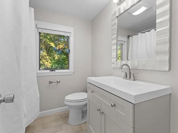 a bathroom with a sink toilet and mirror