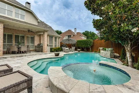 swimming pool view with a seating space and a garden view