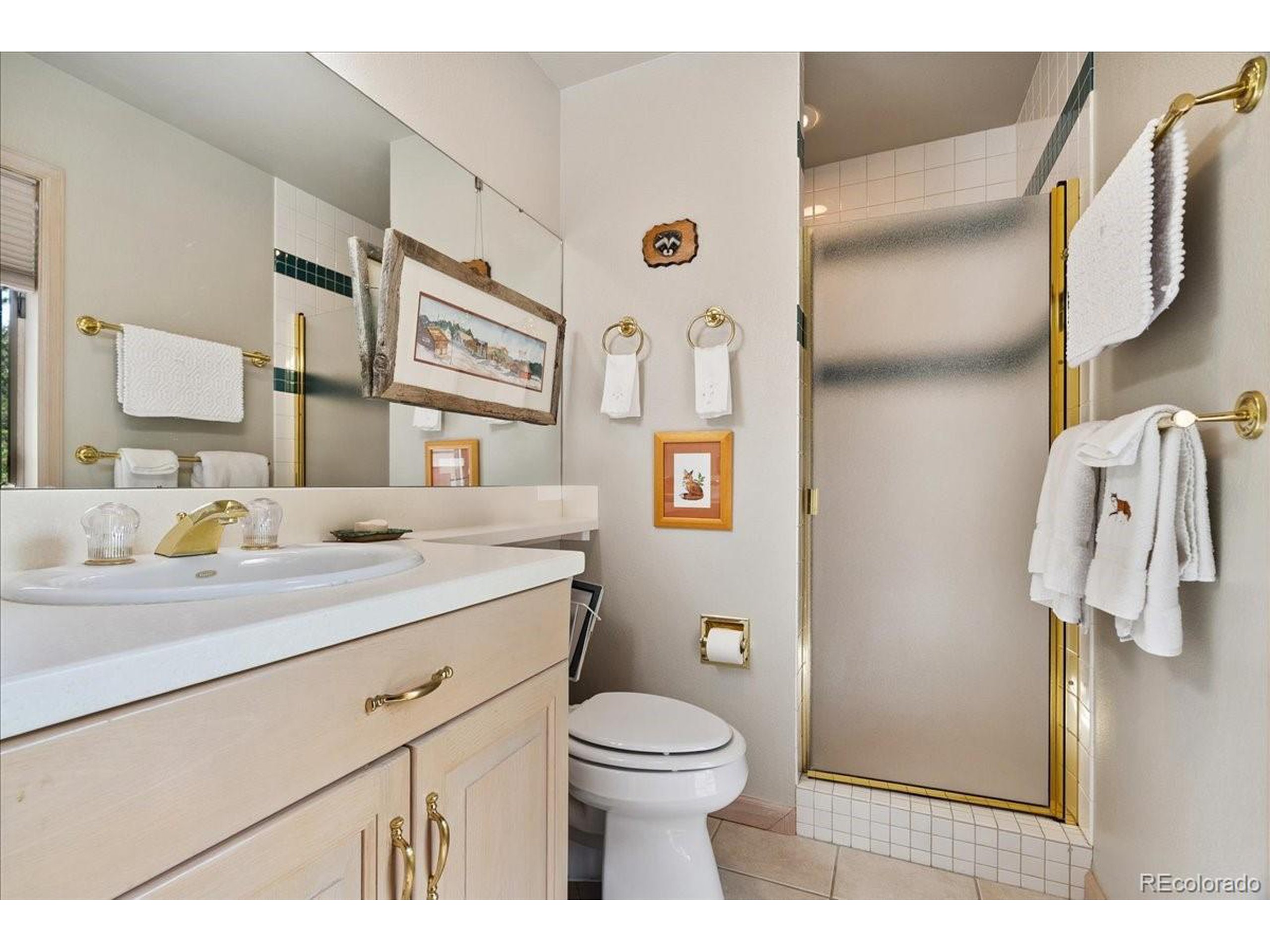40 Three Lks Court Red Feather Lakes, CO 80545 - Photo 37 of 48 a bathroom with a granite countertop sink toilet and shower