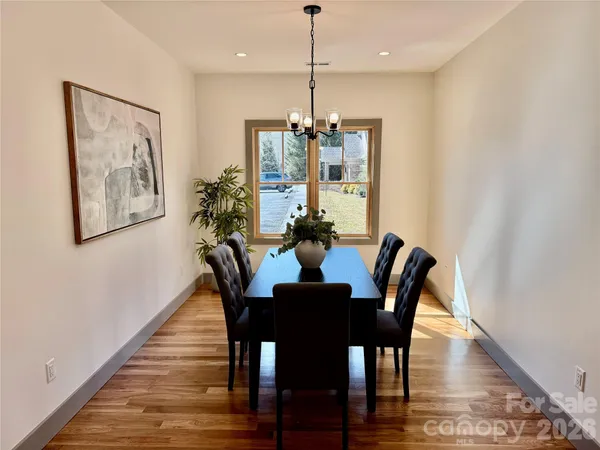 a dining room with furniture a potted plant and wooden floor