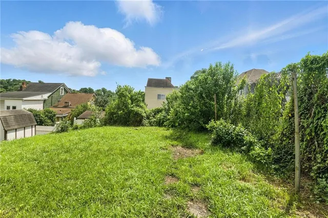 a view of a garden with an buildings and a big yard