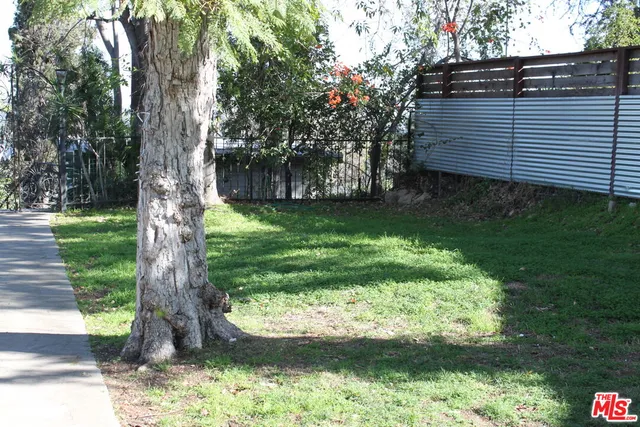 a view of a backyard with large trees