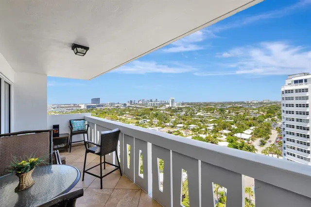 a view of a city from a balcony