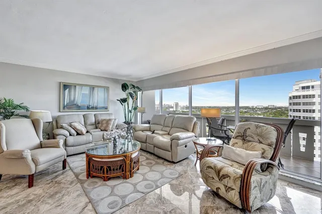 a living room with furniture and a large window