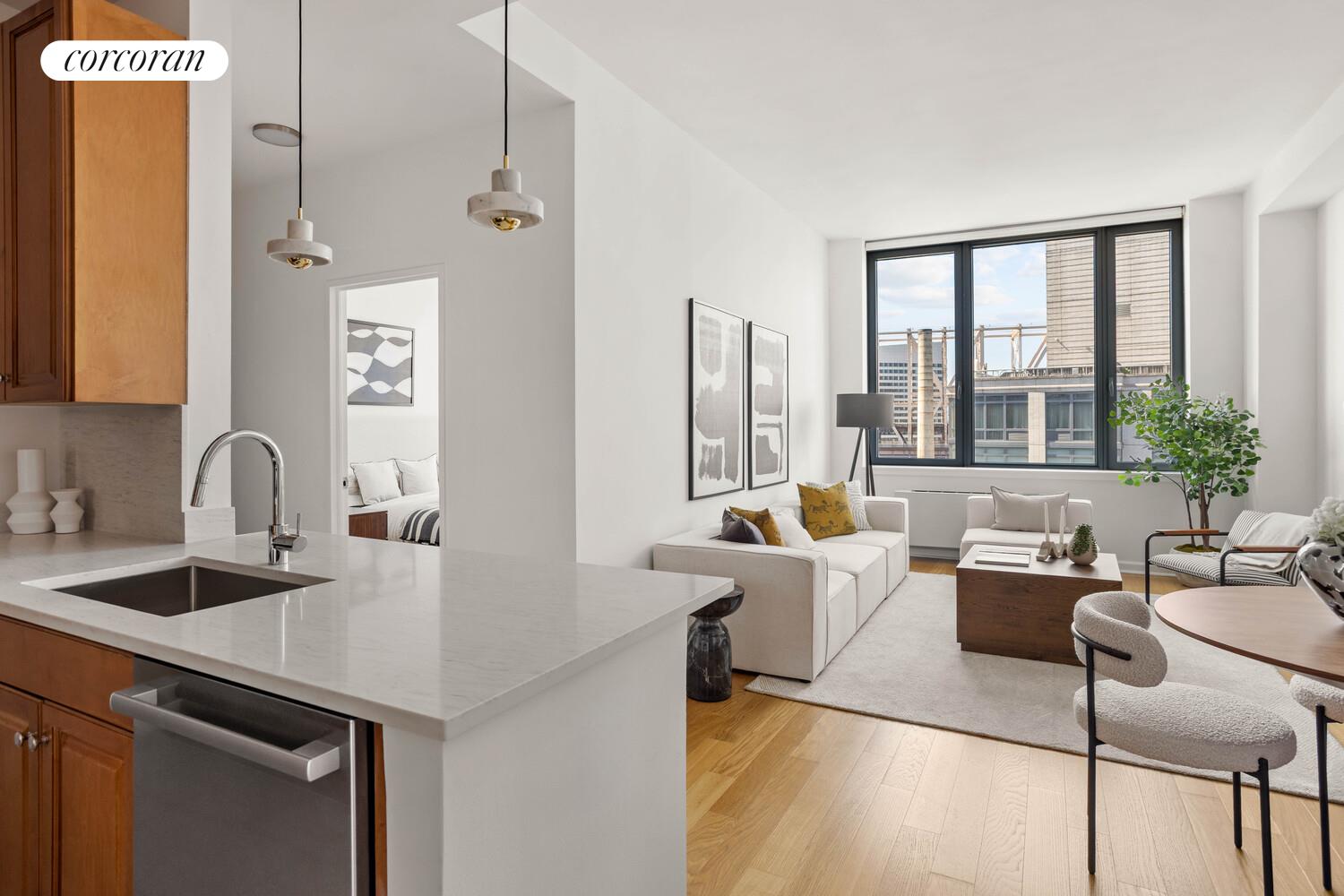 425 Main Street, Unit PH2E Manhattan, NY 10044 - Photo 2 of 22 a living room with furniture and large windows