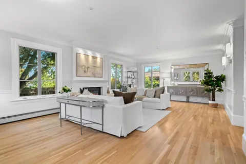a dining room with furniture potted plants and wooden floor