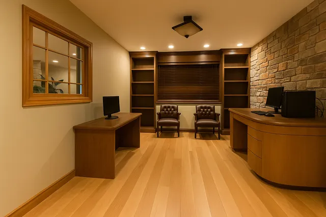 a view of an empty room with stairs
