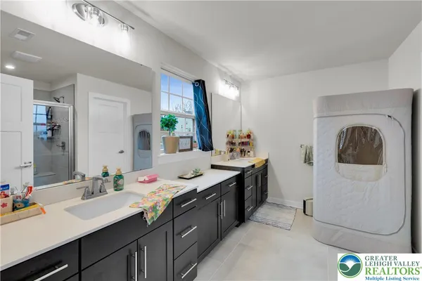 a bathroom with a sink a mirror and a shower