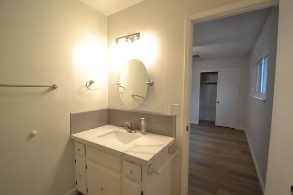 a bathroom with a sink vanity and a mirror