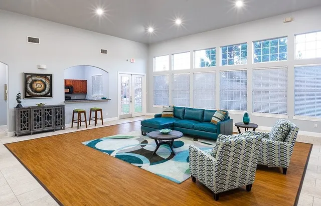 a living room with furniture rug and window