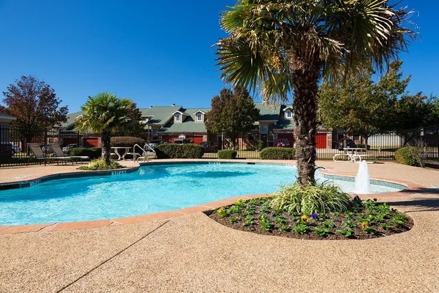 a view of a garden with palm trees