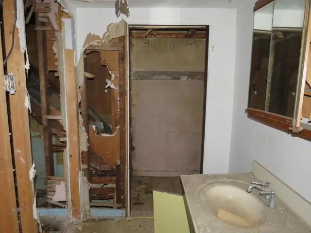 a bathroom with a sink and shower