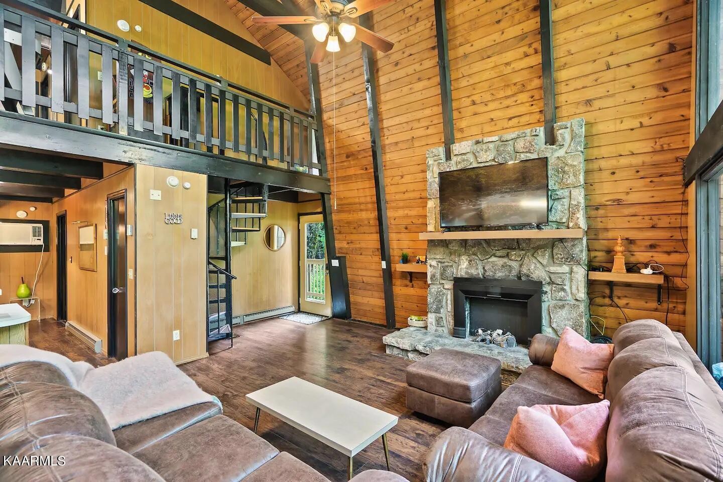 1424 Zurich Road Gatlinburg, TN 37738 - Photo 4 of 27 a living room with furniture a flat screen tv and a fireplace