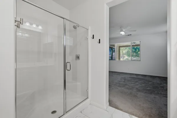a bathroom with a shower and a sink