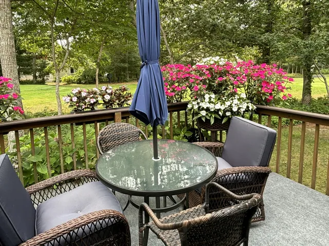 a view of a chairs and table in the patio