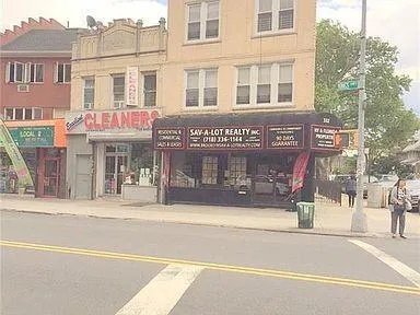 a view of a building with a large window