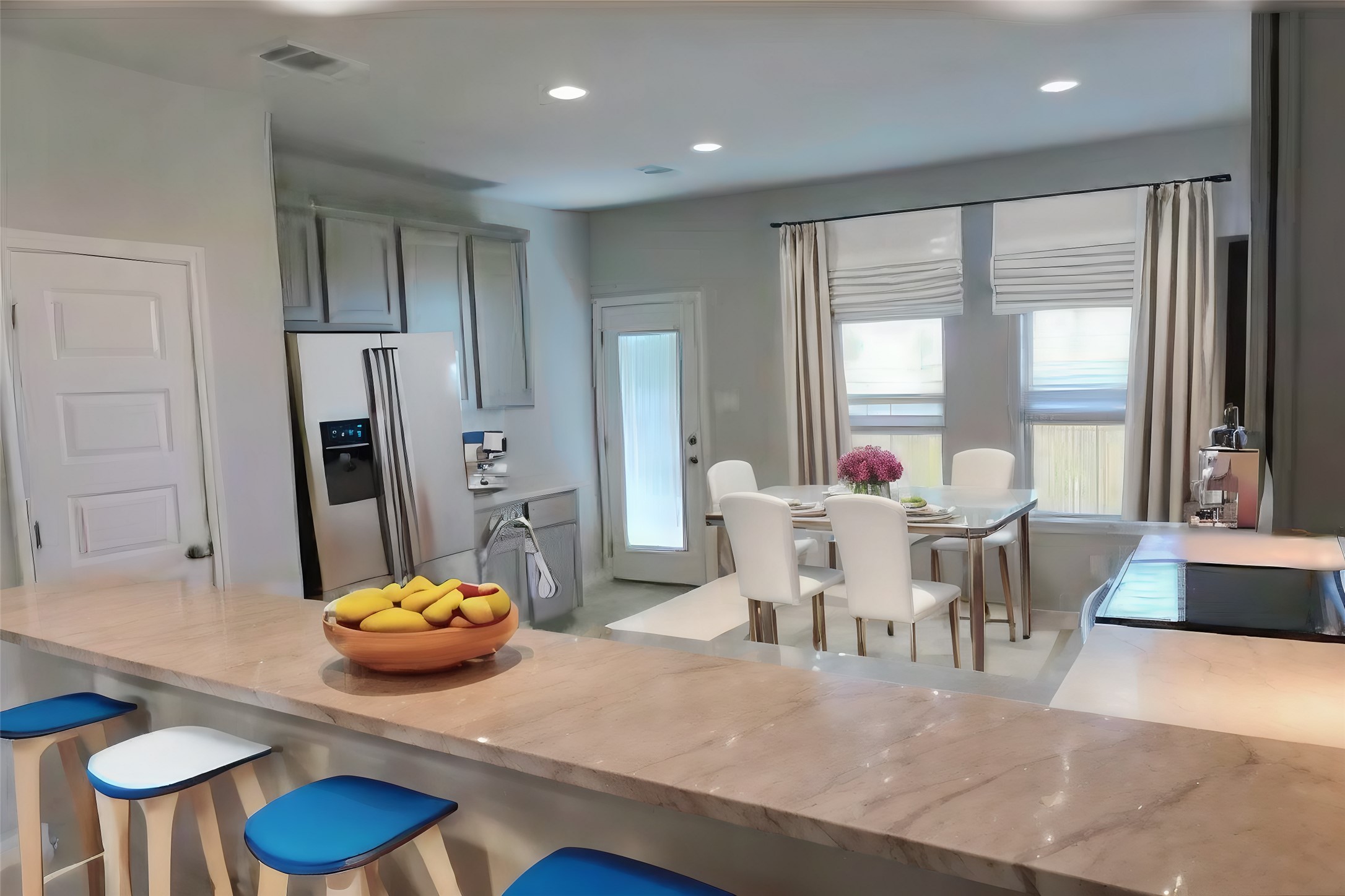 104 Batjac Alley Jarrell, TX 76537 - Photo 5 of 11 Open-concept kitchen and dining area featuring a breakfast bar with a stone-finish countertop, stainless steel refrigerator, recessed lighting, and a glass-paneled door