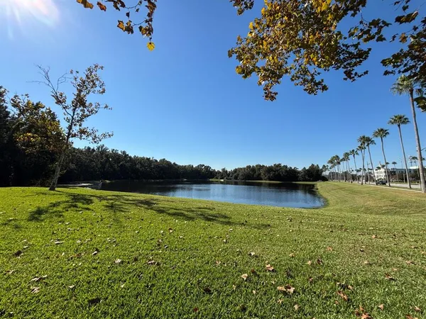 a view of a lake with houses in the back