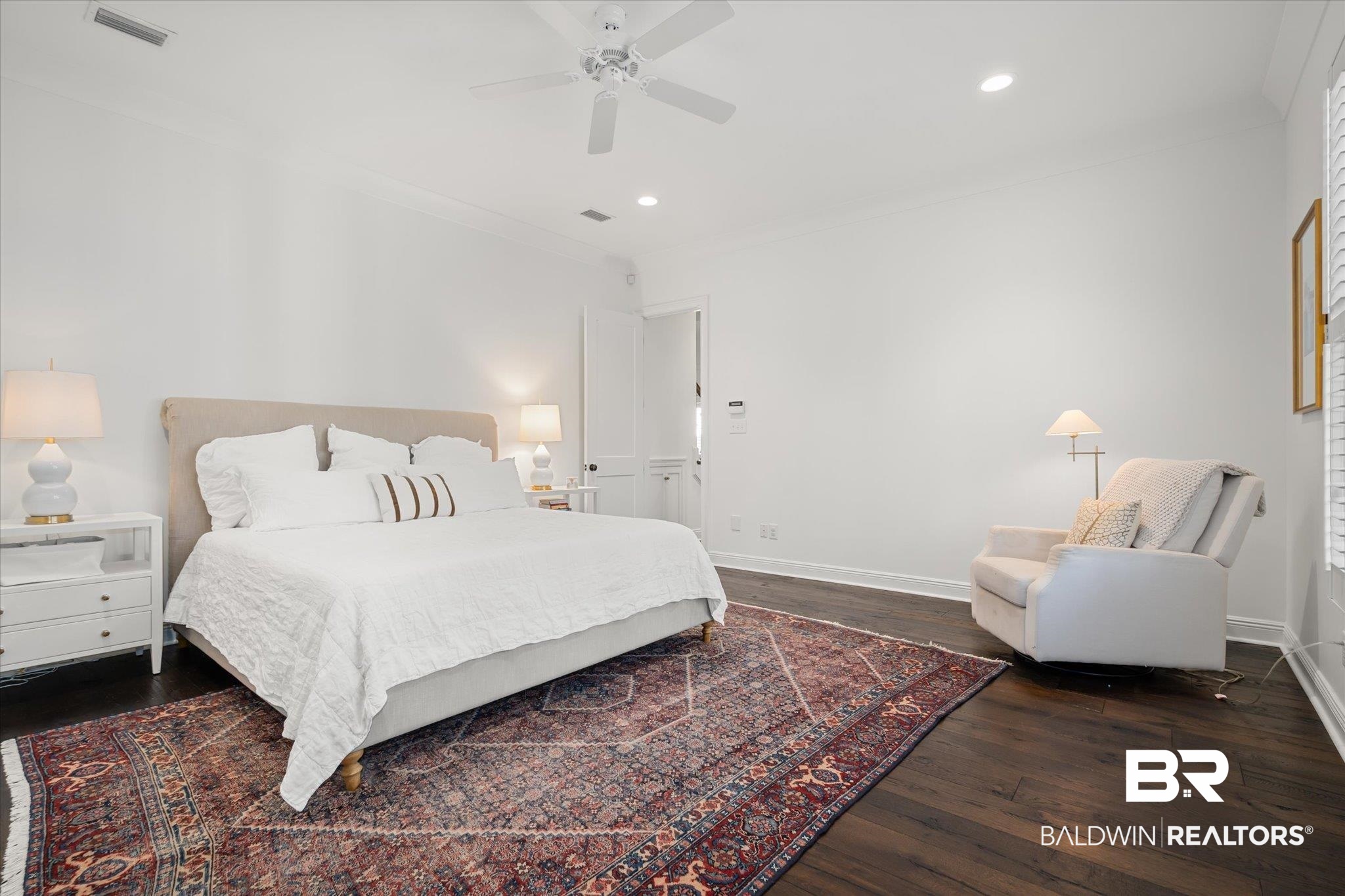 3713 Old Shell Road Mobile, AL 36608 - Photo 22 of 52 Bedroom featuring ceiling fan, dark hardwood / wood-style flooring, and crown molding