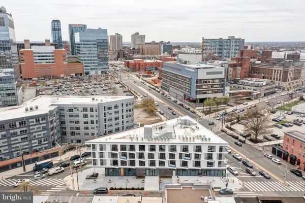 a city view with tall buildings