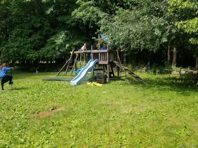 a view of a garden with a slide