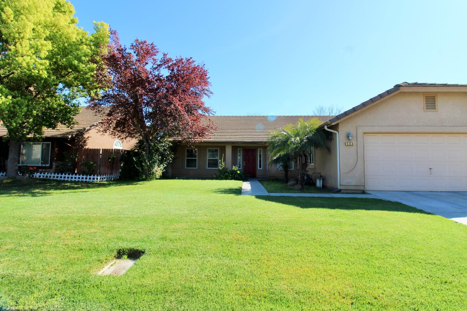 a front view of house with yard and green space