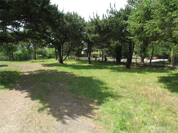 a view of a backyard with a bench