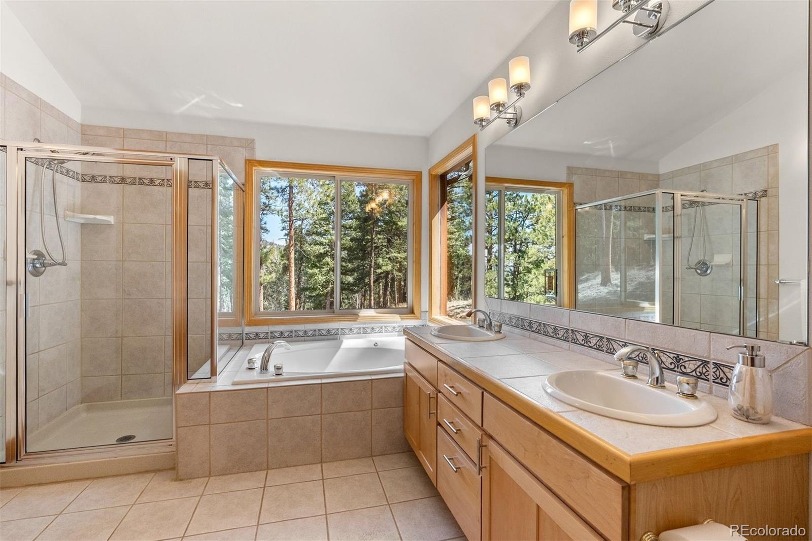 5811 Herzman Drive Evergreen, CO 80439 - Photo 27 of 49 a bathroom with a granite countertop tub sink shower and mirror
